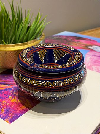 Cinzeiro Marroquino - Pintado á mão - Azul Escuro - 13CM