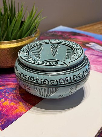 Cinzeiro Marroquino - Pintado á mão - Azul Ciano - 13CM