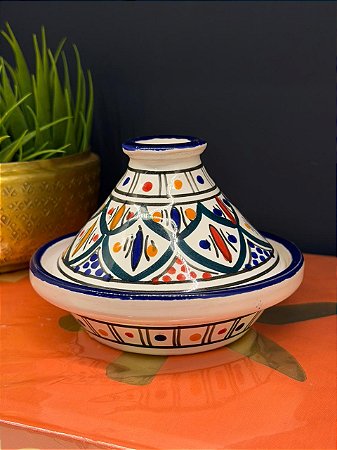 Tagine Saleiro Marroquino - Cerâmica - Pitando à mão - Azul e Verde