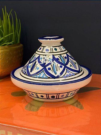 Tagine Saleiro Marroquino - Cerâmica - Pitando à mão - Azul