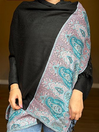 Pashmina de Viscose - Estampada - Preto, Rosa e Azul