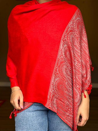 Pashmina de Viscose - Estampada - Vermelho e Cinza Claro