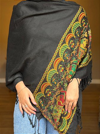 Pashmina de Viscose - Estampada - Preto, Amarelo, Verde e Vermelho