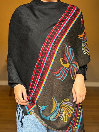 Pashmina de Viscose - Estampada - Preto e Colorido