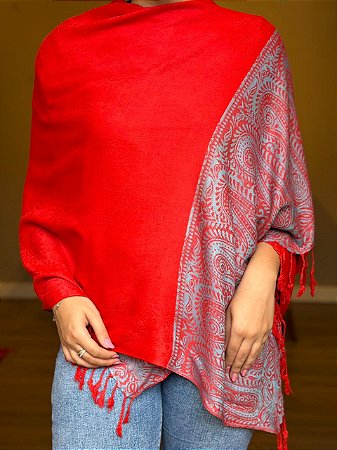 Pashmina de Viscose - Estampada - Vermelho e Azul