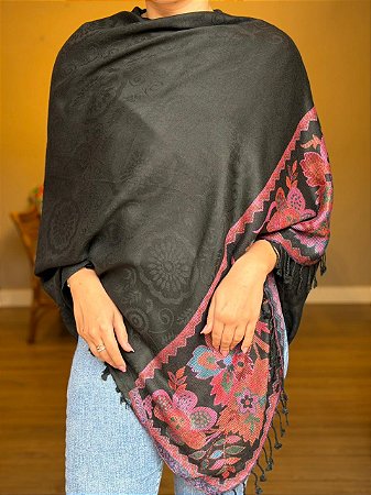 Pashmina de Viscose - Estampada - Preto e Colorido