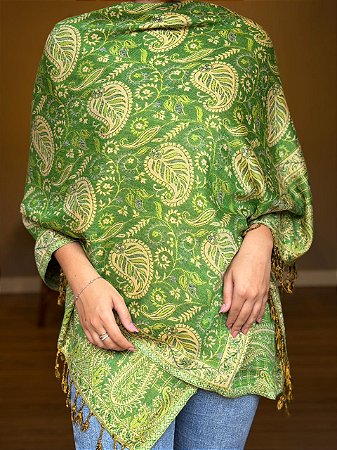 Pashmina de Viscose - Estampada - Dupla Face - Verde e Bege