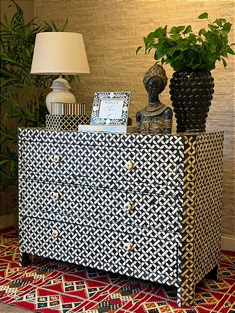 Cômoda em Osso - Marchetaria - Gaveteiro - Preto e Branco