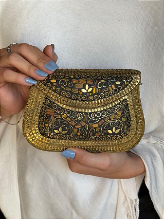 Bolsa Clutch em Metal - Marrom e Dourado - Com Alça