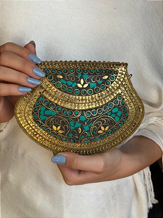 Bolsa Clutch em Metal - Turquesa e Dourado - Com Alça