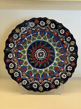 Prato de Parede - Decorativo - Turquia - Cerâmica - Alto Relevo - Azul e Colorido - Grande