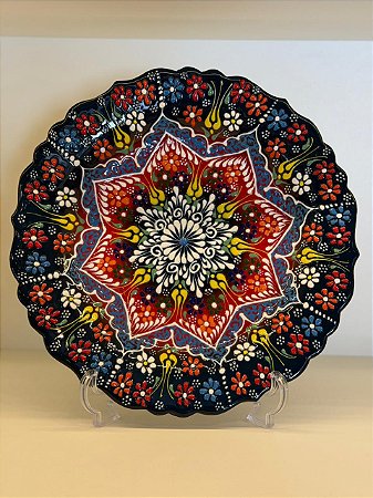 Prato de Parede - Decorativo - Turquia - Cerâmica - Alto Relevo - Verde Escuro e Colorido - Grande