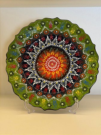 Prato de Parede - Decorativo - Turquia - Cerâmica - Alto Relevo - Verde Claro e Colorido - Grande