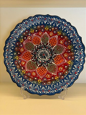 Prato de Parede - Decorativo - Turquia - Cerâmica - Alto Relevo - Azul Claro e Colorido - Grande