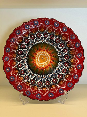 Prato de Parede - Decorativo - Turquia - Cerâmica - Alto Relevo - Vermelho e Colorido - Grande