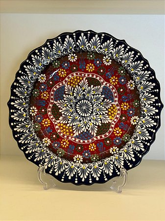 Prato de Parede - Decorativo - Turquia - Cerâmica - Alto Relevo - Azul Escuro e Colorido - Grande
