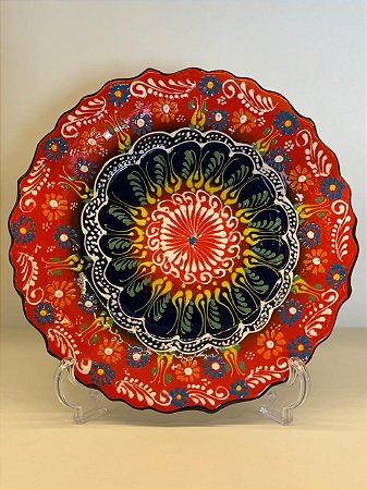 Prato de Parede Médio - Turquia - Decorativo - Cerâmica - Pintado à mão - Laranja e Colorido