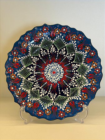 Prato de Parede Médio - Turquia - Decorativo - Cerâmica - Pintado à mão - Azul e Colorido