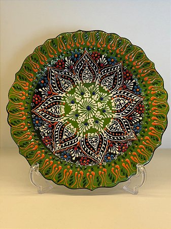 Prato de Parede Médio - Turquia - Decorativo - Cerâmica - Pintado à mão - Verde e Colorido