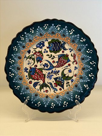 Prato de Parede Pequeno - Turquia - Decorativo - Cerâmica - Alto Relevo - Verde, Azul e Colorido