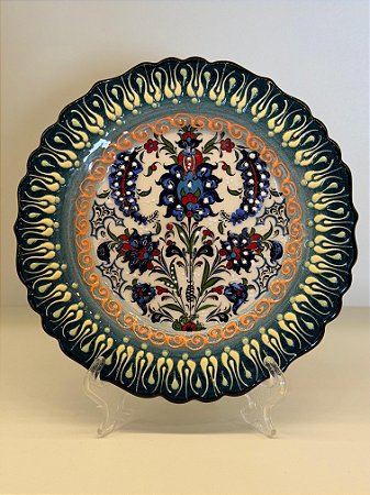 Prato de Parede Pequeno - Turquia - Decorativo - Cerâmica - Alto Relevo - Verde e Colorido