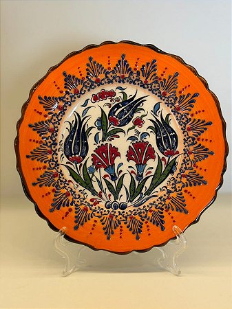 Prato de Parede Pequeno - Turquia - Decorativo - Cerâmica - Alto Relevo - Laranja e Colorido