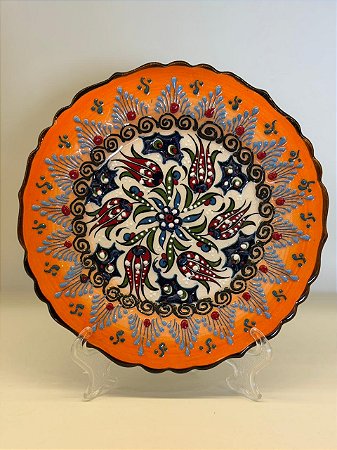 Prato de Parede Pequeno - Turquia - Decorativo - Cerâmica - Alto Relevo - Laranja e Colorido