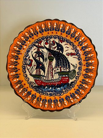 Prato de Parede Pequeno - Turquia - Decorativo - Cerâmica - Alto Relevo - Laranja e Colorido