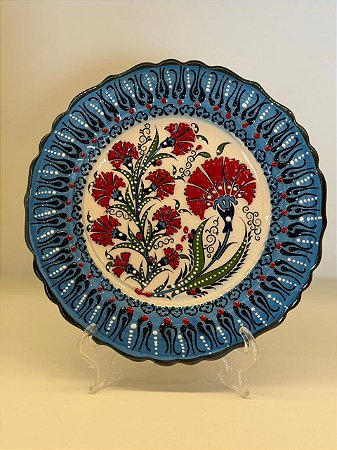 Prato de Parede Pequeno - Turquia - Decorativo - Cerâmica - Alto Relevo - Azul Claro e Colorido