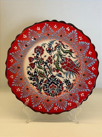 Prato de Parede Pequeno - Turquia - Decorativo - Cerâmica - Alto Relevo - Vermelho e Colorido