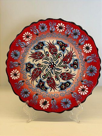 Prato de Parede Pequeno - Turquia - Decorativo - Cerâmica - Alto Relevo - Vermelho e Colorido