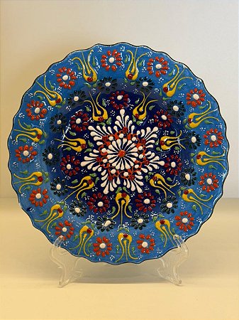 Prato de Parede Pequeno - Turquia - Decorativo - Cerâmica - Alto Relevo - Azul e Colorido
