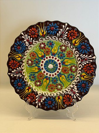 Prato de Parede Pequeno - Turquia - Decorativo - Cerâmica - Alto Relevo - Marrom, Verde e Colorido