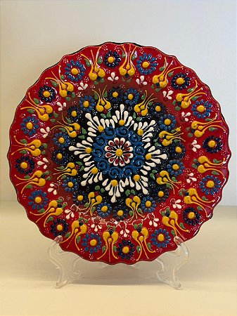 Prato de Parede Pequeno - Turquia - Decorativo - Cerâmica - Alto Relevo - Vermelho e Colorido