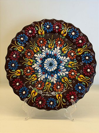 Prato de Parede Pequeno - Turquia - Decorativo - Cerâmica - Alto Relevo - Marrom e Colorido