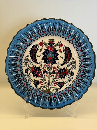 Prato de Parede Pequeno - Turquia - Decorativo - Cerâmica - Alto Relevo - Azul e Colorido