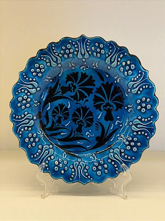 Prato de Parede Pequeno - Turquia - Decorativo - Cerâmica - Alto Relevo - Azul Turquesa