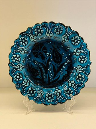 Prato de Parede Pequeno - Turquia - Decorativo - Cerâmica - Alto Relevo - Verde Turquesa