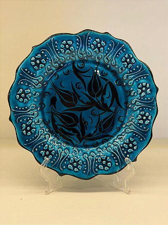 Prato de Parede Pequeno - Turquia - Decorativo - Cerâmica - Alto Relevo - Verde Turquesa
