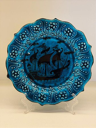 Prato de Parede Pequeno - Turquia - Decorativo - Cerâmica - Alto Relevo - Verde Turquesa