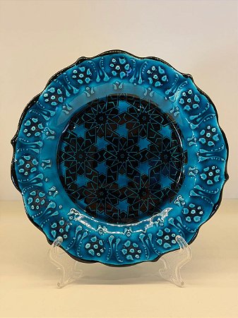Prato de Parede Pequeno - Turquia - Decorativo - Cerâmica - Alto Relevo - Verde Turquesa