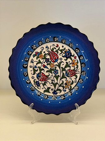 Prato de Parede Pequeno - Turquia - Decorativo - Cerâmica - Alto Relevo - Azul e Colorido