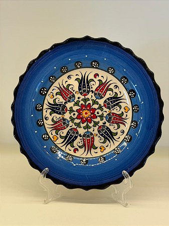 Prato de Parede Pequeno - Turquia - Decorativo - Cerâmica - Alto Relevo - Azul e Colorido