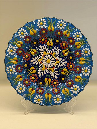 Prato de Parede Pequeno - Turquia - Decorativo - Cerâmica - Alto Relevo - Azul e Colorido