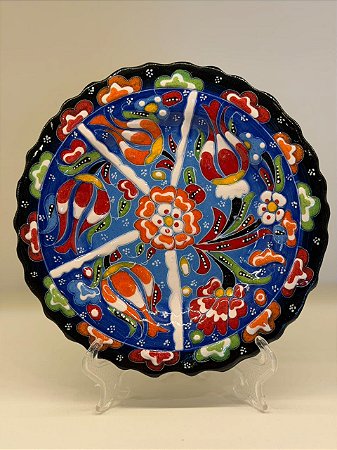 Prato de Parede Pequeno - Turquia - Decorativo - Cerâmica - Alto Relevo - Azul, Preto e Colorido