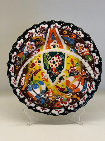 Prato de Parede Pequeno - Turquia - Decorativo - Cerâmica - Alto Relevo - Marrom, Amarelo e Colorido
