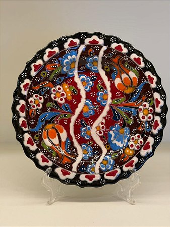 Prato de Parede Pequeno - Turquia - Decorativo - Cerâmica - Alto Relevo - Marrom, Vermelho e Colorido
