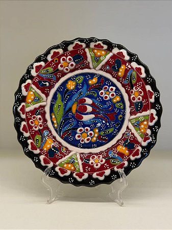 Prato de Parede Pequeno - Turquia - Decorativo - Cerâmica - Alto Relevo - Vermelho, Azul e Colorido