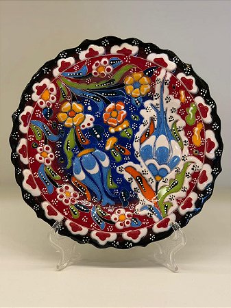 Prato de Parede Pequeno - Turquia - Decorativo - Cerâmica - Alto Relevo - Vermelho, Azul e Colorido