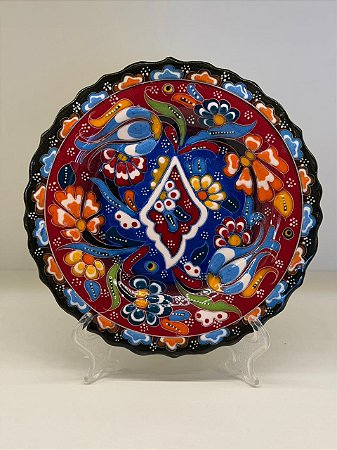 Prato de Parede Pequeno - Turquia - Decorativo - Cerâmica - Alto Relevo - Vermelho, Azul e Colorido